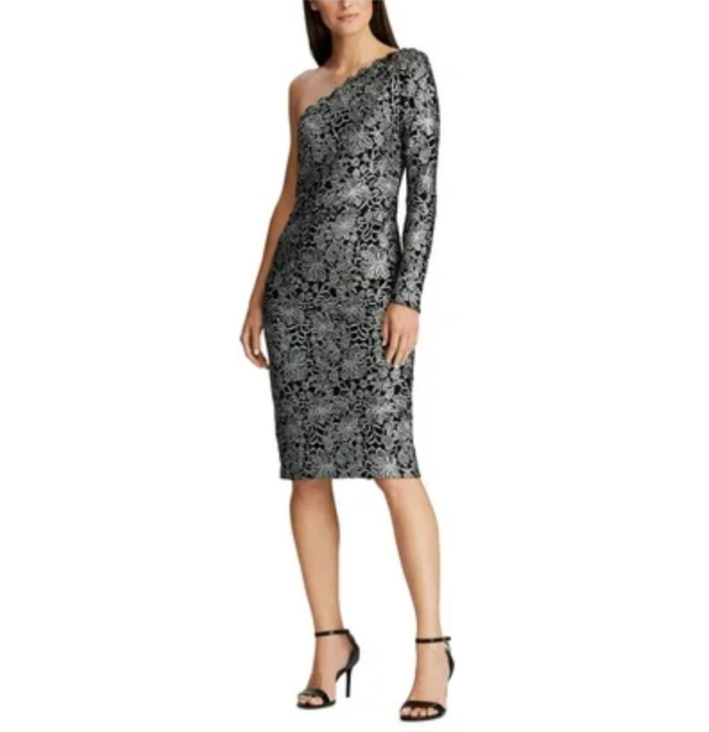 Ralph Lauren Black/Silver Cocktail Dress Floral Lace One Shoulder Sheath Size 4